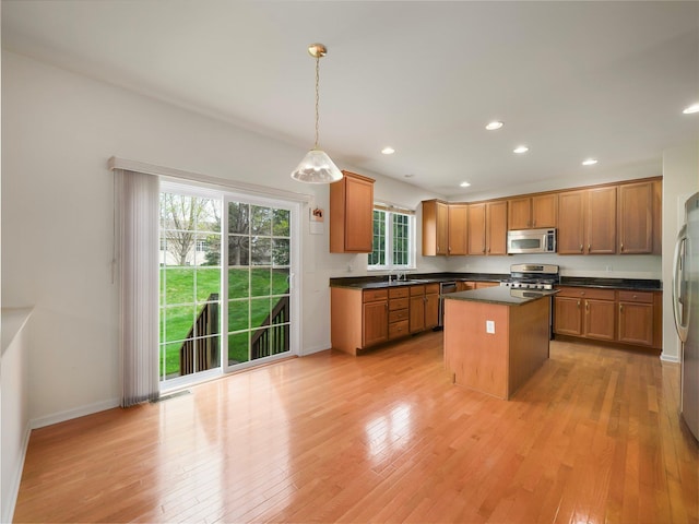 417 Vassar Pl, Fishkill, NY 12524 - kitchen featuring a center island, light wood-style flooring, dark countertops, and stainless steel appliances