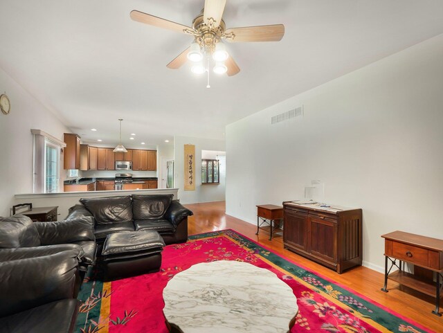 417 Vassar Pl, Fishkill, NY 12524 - living room featuring a ceiling fan, visible vents, and light wood finished floors