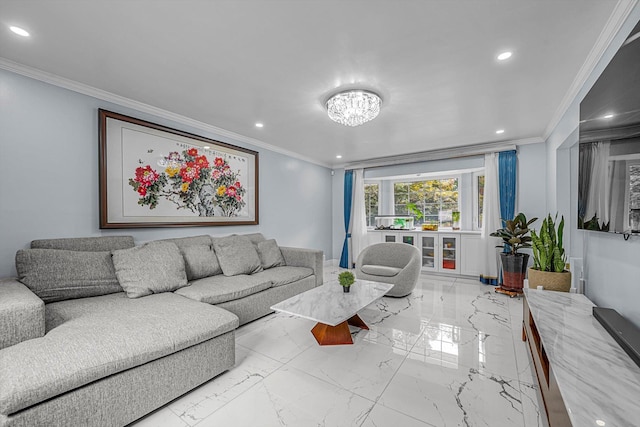 66 Rockland Dr, Jericho, NY 11753 - living room featuring light marble finish flooring, recessed lighting, crown molding, and a chandelier