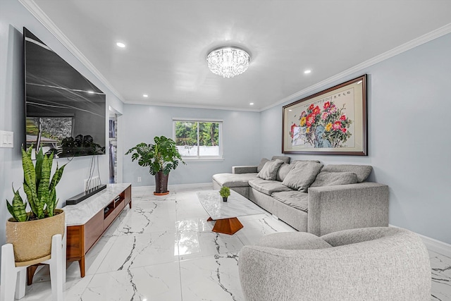 66 Rockland Dr, Jericho, NY 11753 - living room with marble tiled floors, crown molding, a chandelier, recessed lighting, and baseboards