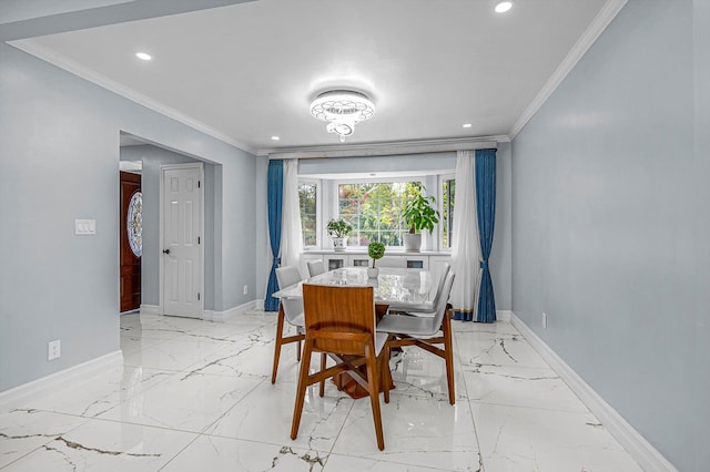 66 Rockland Dr, Jericho, NY 11753 - dining area with baseboards, ornamental molding, recessed lighting, and light marble finish flooring