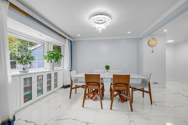66 Rockland Dr, Jericho, NY 11753 - dining room featuring ornamental molding, light marble finish flooring, baseboards, and recessed lighting