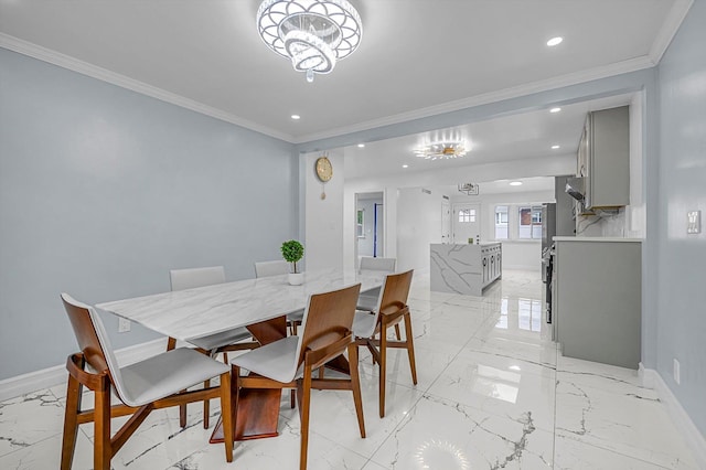 66 Rockland Dr, Jericho, NY 11753 - dining area with light marble finish flooring, recessed lighting, baseboards, ornamental molding, and a chandelier