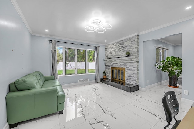 66 Rockland Dr, Jericho, NY 11753 - living area featuring ornamental molding, baseboards, recessed lighting, a fireplace, and marble finish floors