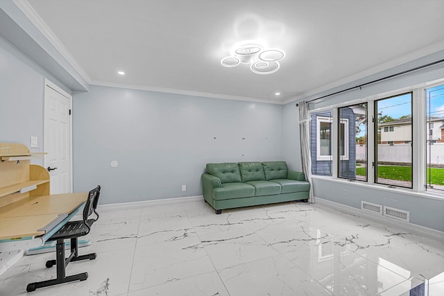 66 Rockland Dr, Jericho, NY 11753 - home office with crown molding, light marble finish flooring, baseboards, and recessed lighting