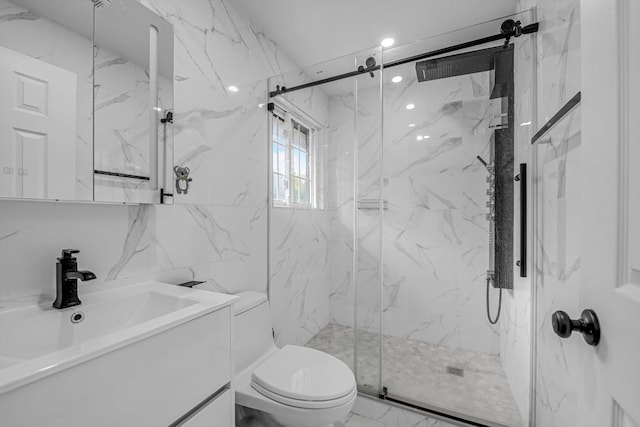 66 Rockland Dr, Jericho, NY 11753 - full bath featuring toilet, vanity, marble finish floors, and a marble finish shower