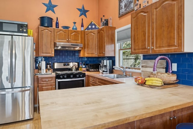 143 Tuthill Rd, Montauk, NY 11954 - kitchen with a sink, stainless steel appliances, wood counters, a toaster, and under cabinet range hood