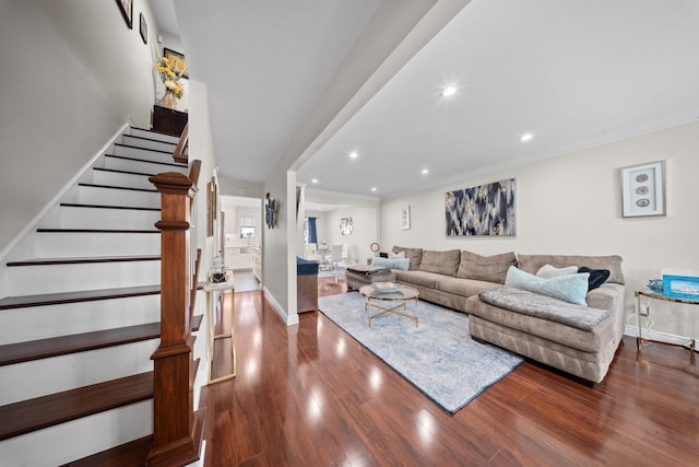 living room featuring dark wood-style flooring, stairs, recessed lighting, and baseboards