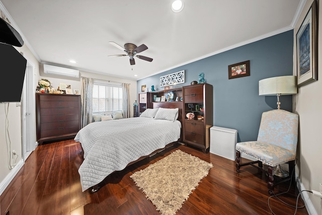 bedroom with an AC wall unit, wood finished floors, ornamental molding, recessed lighting, and a ceiling fan