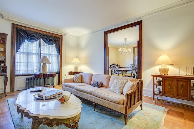 34-06 81st Unit 42, Jackson Heights, NY 11372 - living area with a chandelier, baseboards, and ornamental molding