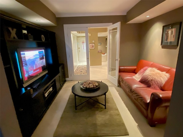 living room with french doors and recessed lighting