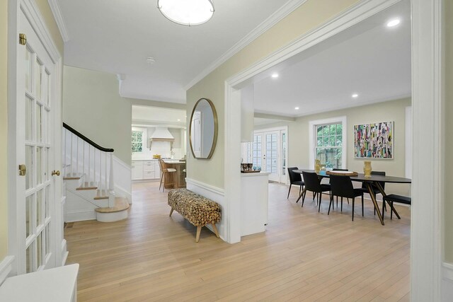 490 Bellwood Ave, Sleepy Hollow, NY 10591 - corridor featuring light wood-type flooring, stairway, ornamental molding, and recessed lighting