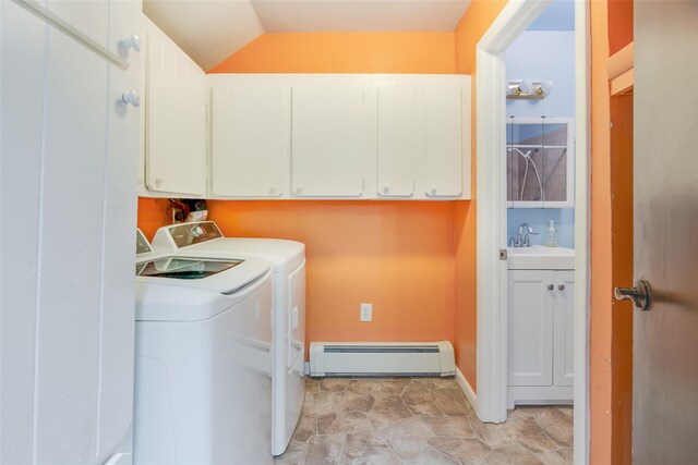 59 Longdale Rd, Mahopac, NY 10541 - clothes washing area featuring a baseboard radiator, cabinet space, separate washer and dryer, and baseboards