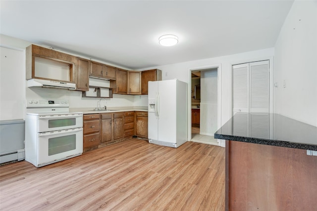 59 Longdale Rd, Mahopac, NY 10541 - kitchen featuring white appliances, under cabinet range hood, a sink, light wood-style floors, and open shelves