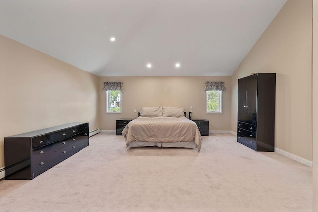 bedroom with lofted ceiling, light carpet, multiple windows, baseboards, and recessed lighting