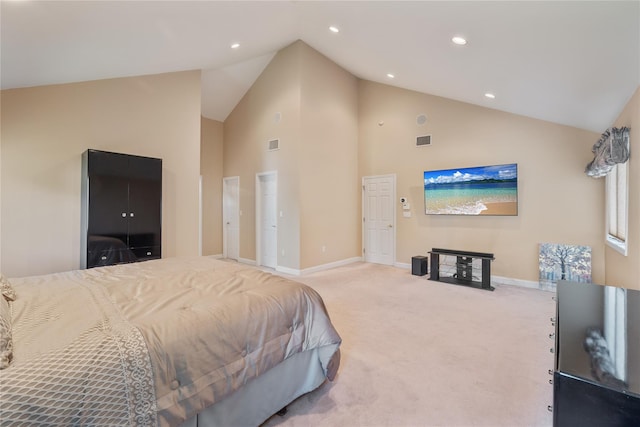bedroom featuring carpet floors, baseboards, high vaulted ceiling, and recessed lighting
