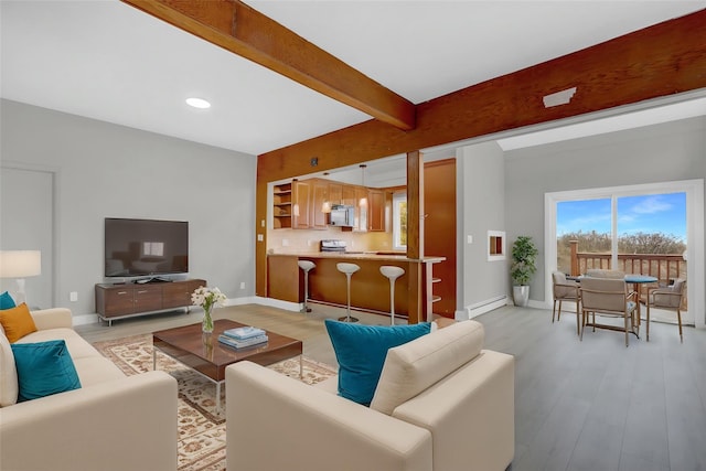 living area with light wood finished floors, baseboards, and a baseboard radiator