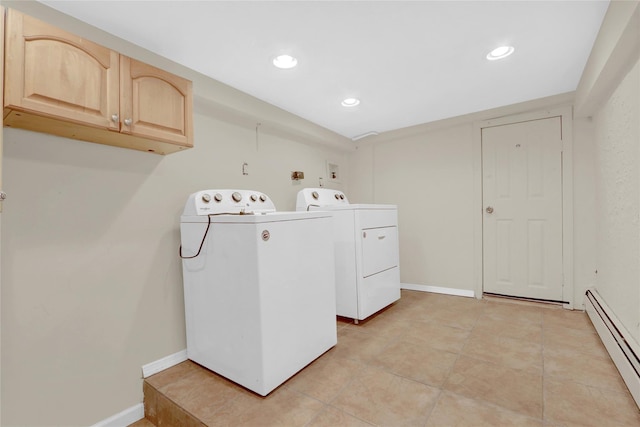 laundry room featuring cabinet space, washing machine and clothes dryer, baseboards, a baseboard radiator, and recessed lighting