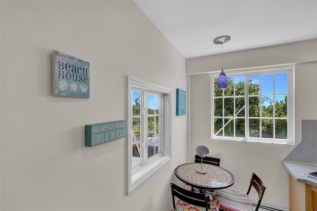 dining room featuring a baseboard heating unit and a healthy amount of sunlight
