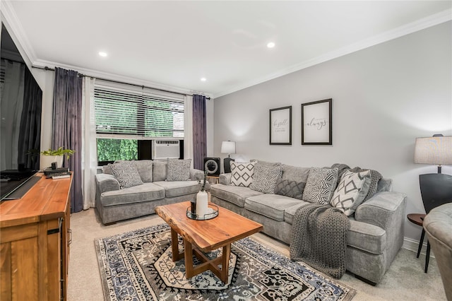 52 Rockledge Rd Unit 2A, Hartsdale, NY 10530 - living area featuring ornamental molding, light colored carpet, recessed lighting, and cooling unit