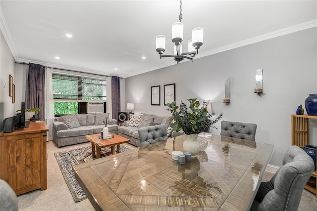 52 Rockledge Rd Unit 2A, Hartsdale, NY 10530 - dining room featuring ornamental molding, a chandelier, recessed lighting, light carpet, and cooling unit
