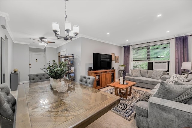 52 Rockledge Rd Unit 2A, Hartsdale, NY 10530 - living room featuring cooling unit, a chandelier, ceiling fan, recessed lighting, and crown molding