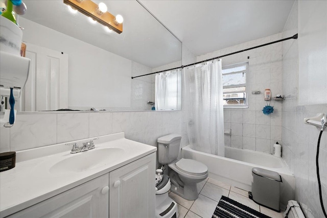 bathroom featuring tile walls, toilet, tile patterned flooring, vanity, and shower / bathtub combination with curtain