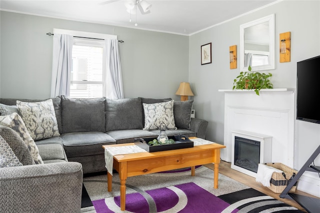 416 W St, Greenport, NY 11944 - living area featuring ceiling fan, ornamental molding, a glass covered fireplace, and wood finished floors