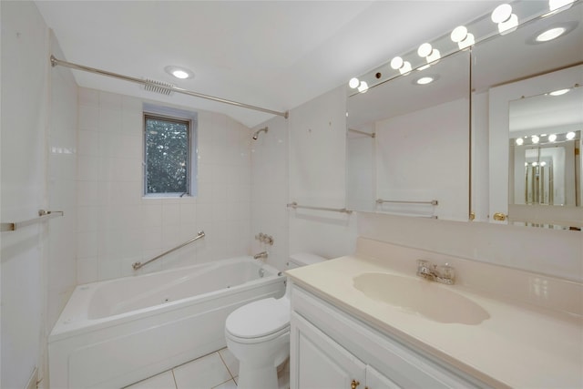full bath with toilet, vanity, visible vents, tile patterned flooring, and shower / bath combination