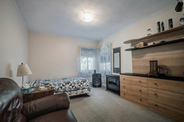 carpeted bedroom featuring crown molding