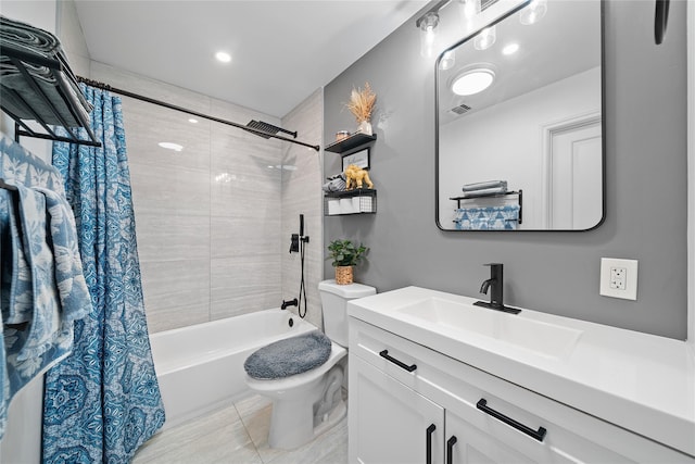 full bathroom with toilet, visible vents, shower / bath combination with curtain, tile patterned flooring, and vanity