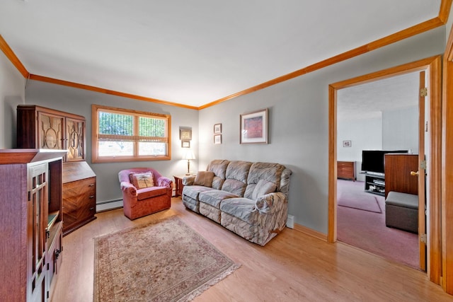 living area with a baseboard radiator, ornamental molding, and light wood-type flooring