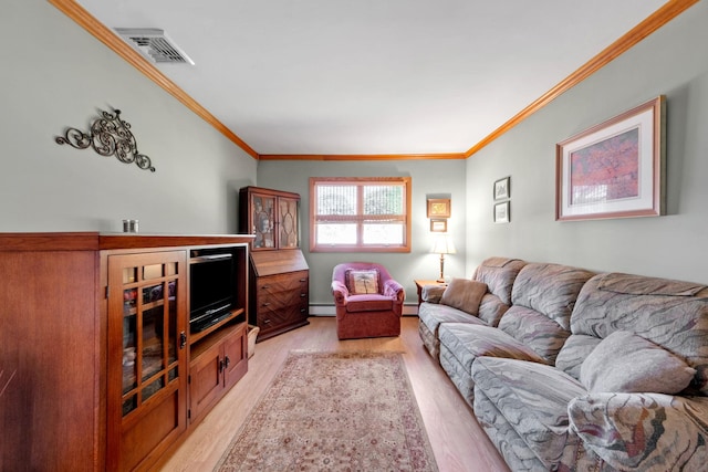 living room featuring a baseboard radiator, ornamental molding, and light wood-type flooring