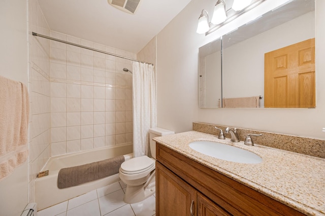 bathroom with toilet, vanity, visible vents, tile patterned flooring, and shower / bath combination with curtain