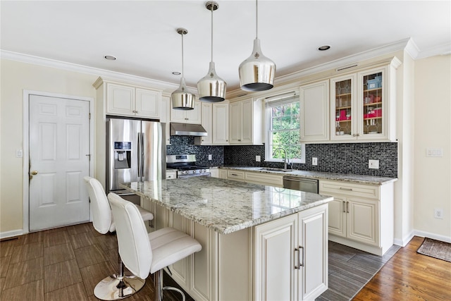 131 2nd St, Garden City, NY 11530 - kitchen with under cabinet range hood, stainless steel appliances, a sink, decorative backsplash, and light stone countertops