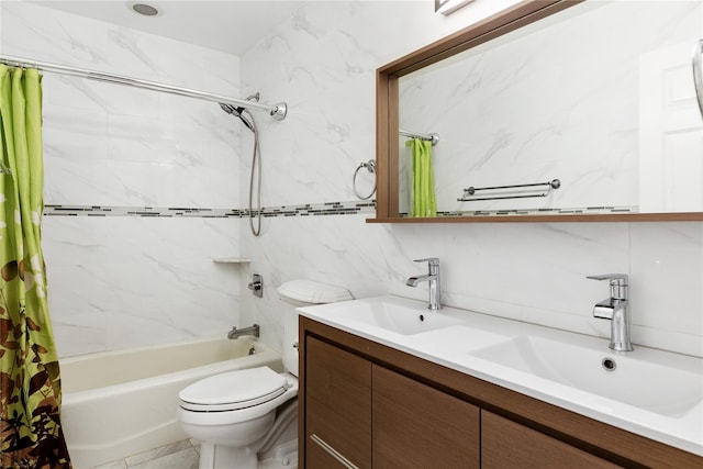 131 2nd St, Garden City, NY 11530 - bathroom featuring shower / bathtub combination with curtain, toilet, double vanity, and tile walls