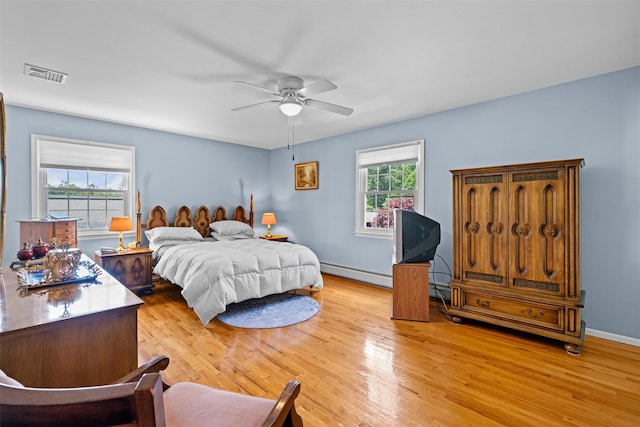 35 Capt Faldermeyer Dr, Stony Point, NY 10980 - bedroom featuring a baseboard radiator, light wood-type flooring, a ceiling fan, baseboards, and a baseboard heating unit