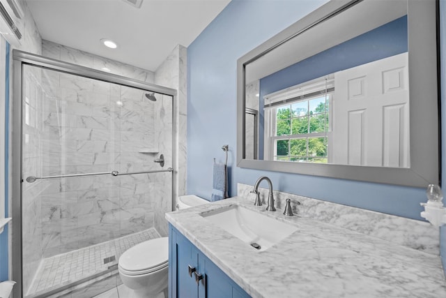 35 Capt Faldermeyer Dr, Stony Point, NY 10980 - bathroom with toilet, vanity, a stall shower, marble finish floors, and recessed lighting