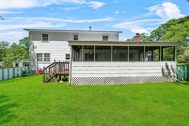 35 Capt Faldermeyer Dr, Stony Point, NY 10980 - rear view of house featuring a sunroom, a chimney, and stairway