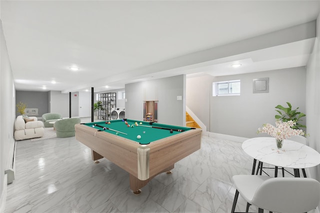 game room with recessed lighting, baseboards, marble finish floor, a community bar, and billiards