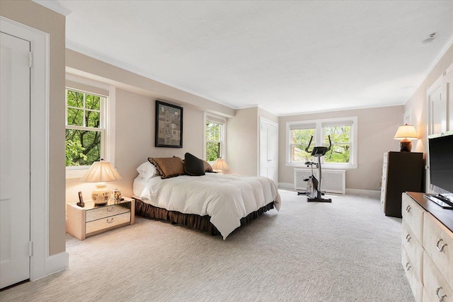 67 Walbrooke Rd, Scarsdale, NY 10583 - bedroom featuring radiator heating unit, multiple windows, ornamental molding, and light colored carpet