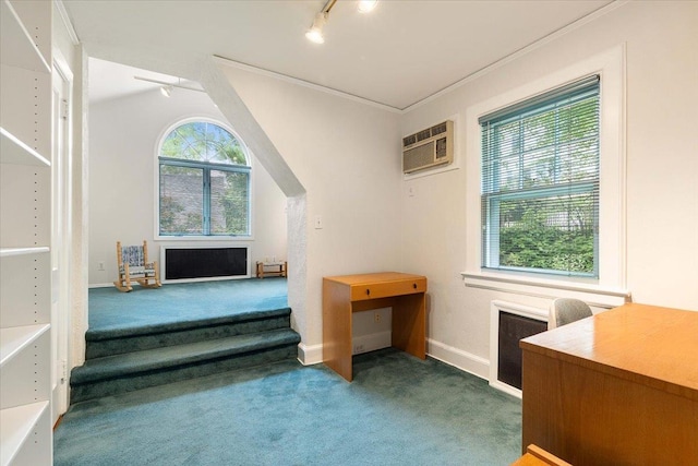 67 Walbrooke Rd, Scarsdale, NY 10583 - stairs with carpet flooring, track lighting, a wall mounted air conditioner, baseboards, and ornamental molding