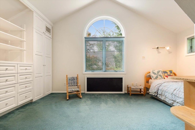 67 Walbrooke Rd, Scarsdale, NY 10583 - bedroom with dark carpet, multiple windows, vaulted ceiling, and baseboards