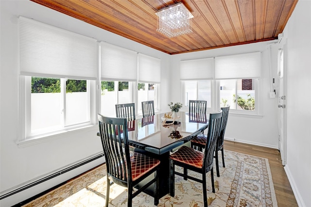 199 Guildford Ct, West Hempstead, NY 11552 - dining area with a baseboard heating unit, wood ceiling, healthy amount of natural light, baseboards, and wood finished floors