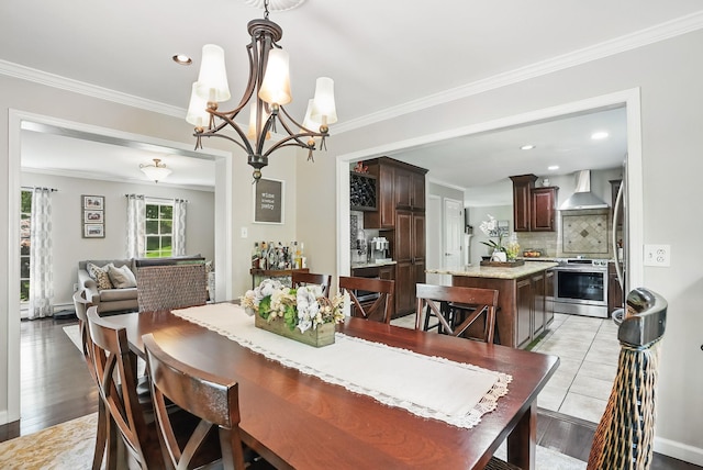 304 Church Rd, Putnam Valley, NY 10579 - dining room featuring a chandelier, ornamental molding, light wood-style flooring, and recessed lighting