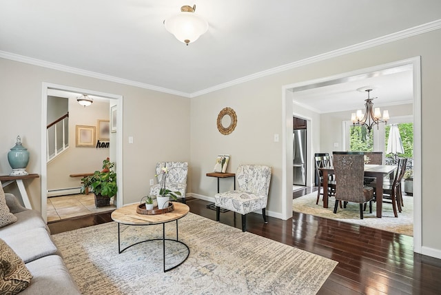 304 Church Rd, Putnam Valley, NY 10579 - living area with baseboard heating, a chandelier, crown molding, wood-type flooring, and stairway