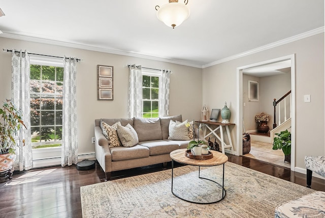 304 Church Rd, Putnam Valley, NY 10579 - living area with plenty of natural light, ornamental molding, hardwood / wood-style flooring, and stairs