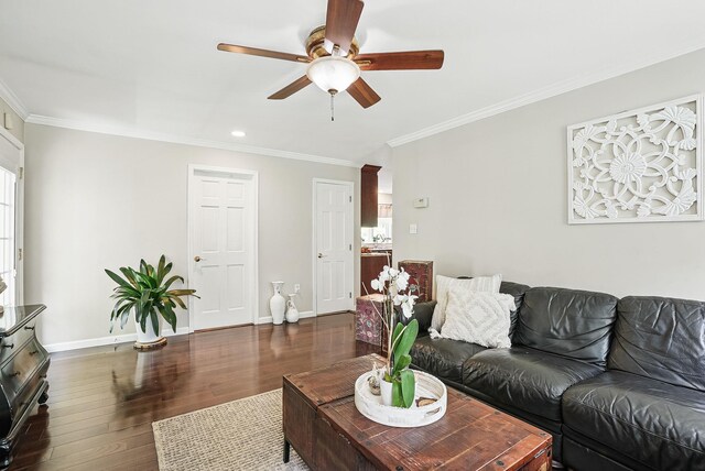 304 Church Rd, Putnam Valley, NY 10579 - living area with a ceiling fan, dark wood finished floors, ornamental molding, baseboards, and recessed lighting