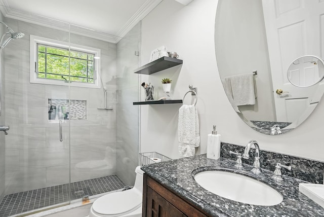 304 Church Rd, Putnam Valley, NY 10579 - full bathroom featuring ornamental molding, a shower stall, toilet, and vanity