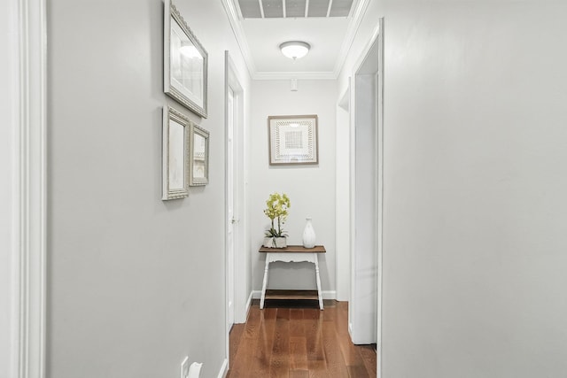304 Church Rd, Putnam Valley, NY 10579 - corridor featuring dark wood-type flooring, ornamental molding, attic access, and baseboards